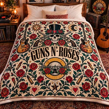 Guns N’ Roses Sherpa Blanket – Vintage Rock Band Skull & Roses Fleece Throw, Classic Rock Music Gift for GNR Fans