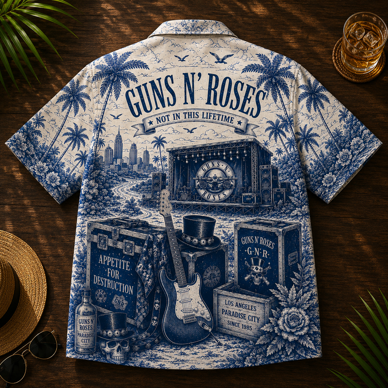Guns N Roses Hawaiian Shirt – Unisex Retro Classic Bullet Logo Blueprint Button Up