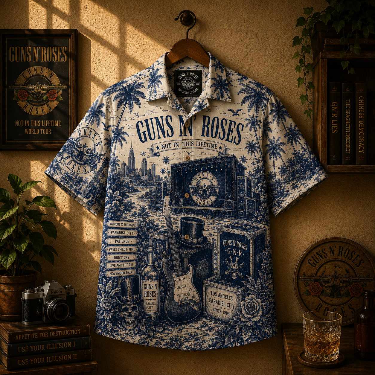 Guns N Roses Hawaiian Shirt – Unisex Retro Classic Bullet Logo Blueprint Button Up