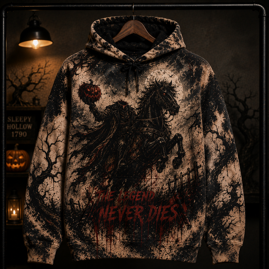 Headless Horseman Halloween Hoodie – Sleepy Hollow Gothic All Over Print Hoodie, The Legend Never Dies Horror Sweatshirt, Spooky Fall Gift