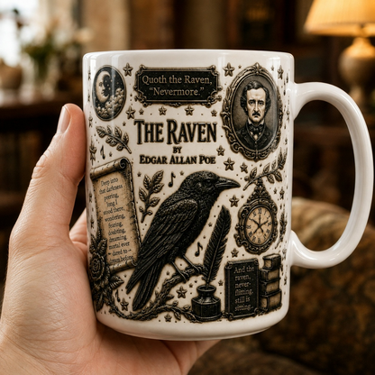 Edgar Allan Poe Raven Ceramic Mug – Gothic Coffee Mug, Nevermore Mug, White Ceramic Version
