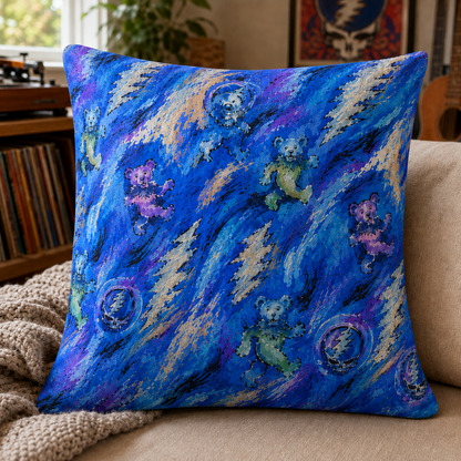 Grateful Dead Dancing Bears Throw Pillow – Steal Your Face Cosmic Blue Oil Painting Cushion