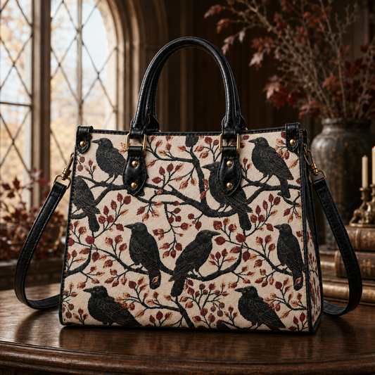 Gothic Crow Tapestry Handbag and Wallet Set - Vintage Botanical Raven Leather Tote & Shoulder Bag