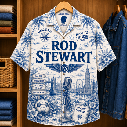 Rod Stewart Special Edition Tropical Blue Hawaiian Shirt - Unisex Music Collage Button Up