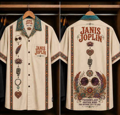 Janis Joplin Bohemian Hawaiian Shirt - Mexican Inspired Hawaiian Shirt White Version