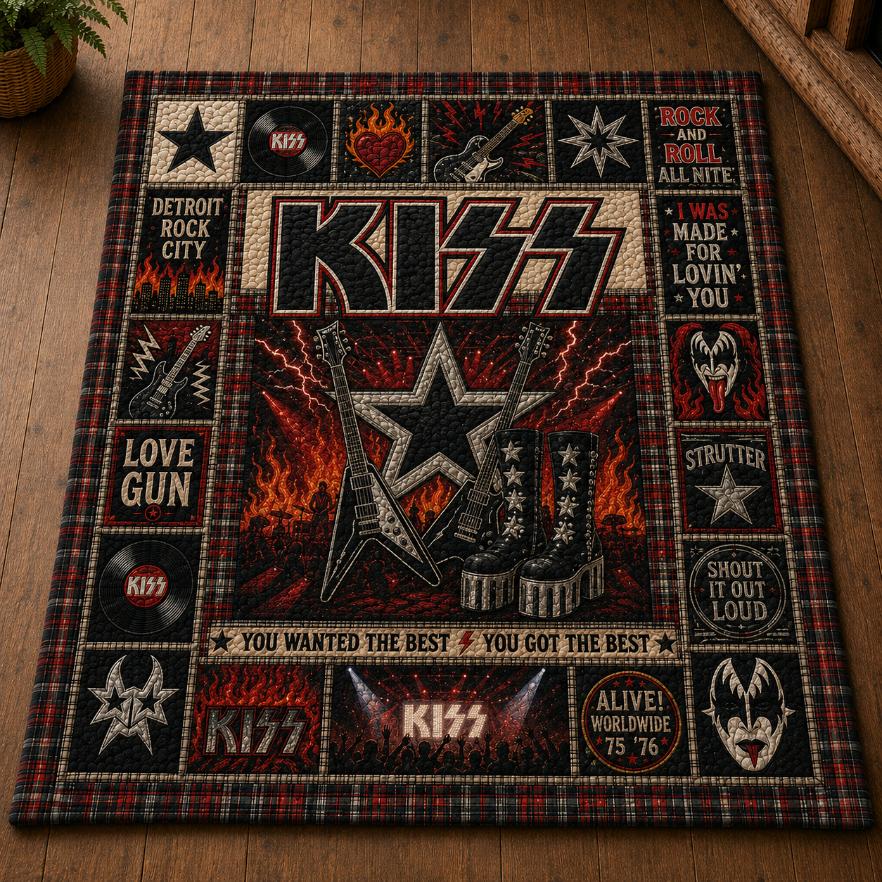 KISS Quilt Blanket – Vintage Rock Band Sherpa Throw, Patchwork Guitar Bedding, Classic Rock Fan Gift, Cozy Music Blanket