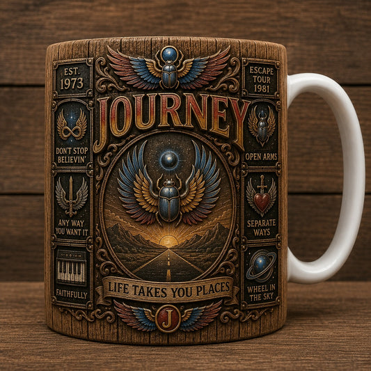 Journey Vintage Wood Style Mug – Journey Band Ceramic Coffee Mug, Classic Rock Fan Gift