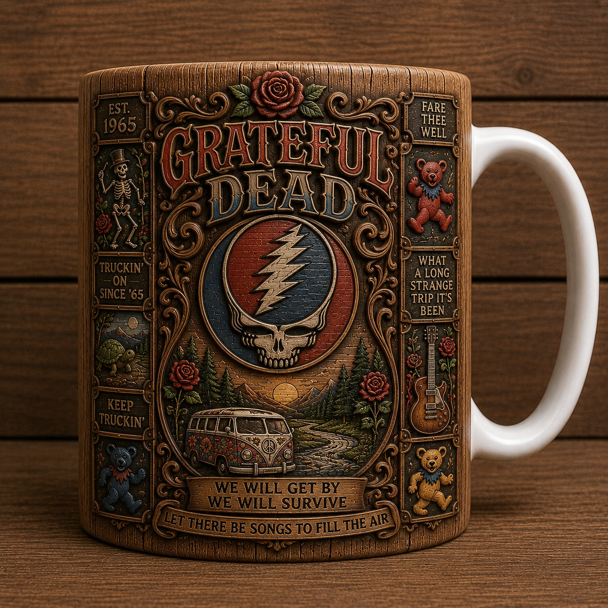 Grateful Dead Vintage Wood Style Mug – Grateful Dead Ceramic Coffee Mug, Classic Rock Fan Gift
