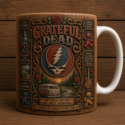 Grateful Dead Vintage Wood Style Mug – Grateful Dead Ceramic Coffee Mug, Classic Rock Fan Gift
