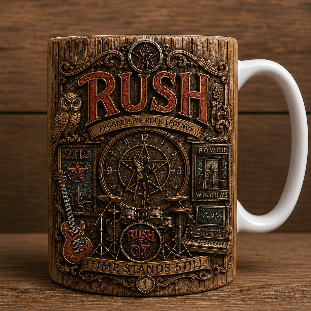 Rush Vintage Wood Style Mug – Rush Progressive Rock Ceramic Coffee Mug, Classic Music Fan Gift