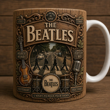 The Beatles Vintage Wood Style Mug – Beatles Ceramic Coffee Mug, Classic Rock Music Fan Gift