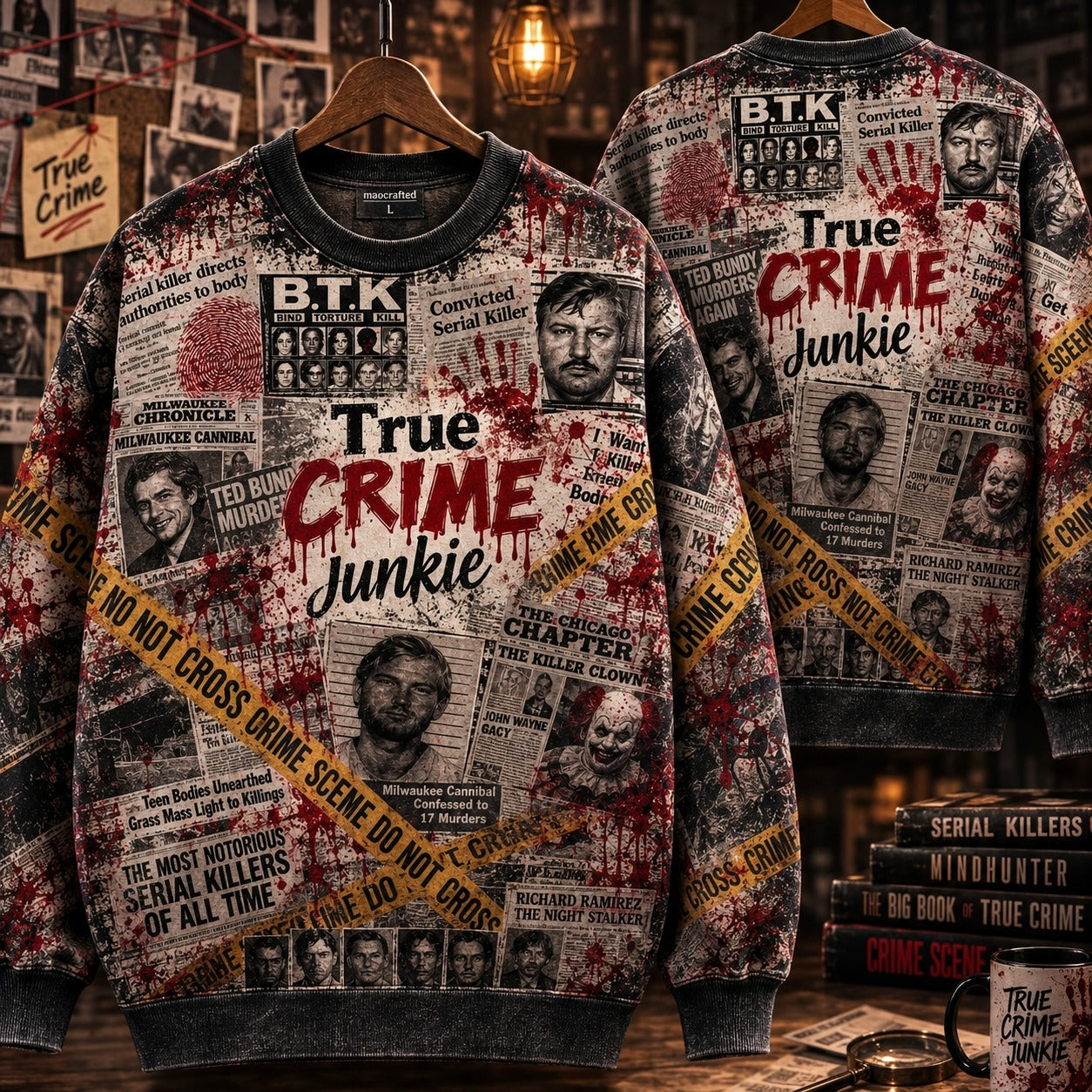 True Crime Junkie All-Over Print Sweatshirt – Serial Killer Crime Scene Crewneck, True Crime Fan Gift, Murder Mystery Sweater