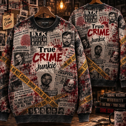 True Crime Junkie All-Over Print Sweatshirt – Serial Killer Crime Scene Crewneck, True Crime Fan Gift, Murder Mystery Sweater