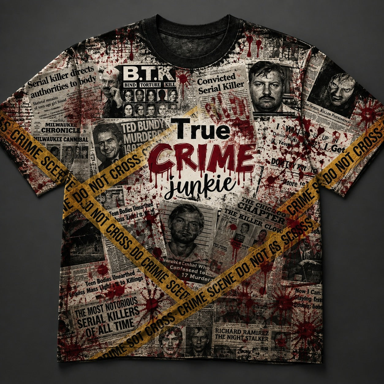 True Crime Junkie All-Over Print T-Shirt – Serial Killer Crime Scene Shirt, True Crime Fan Tee, Murder Mystery Gift