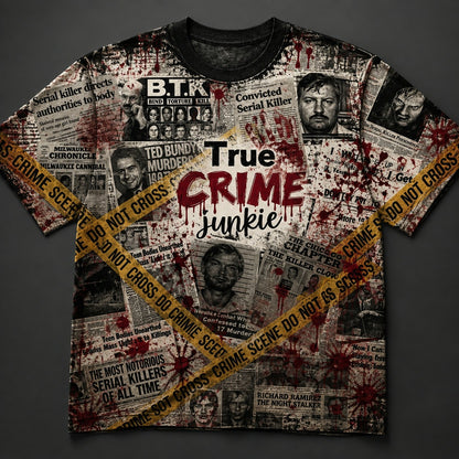 True Crime Junkie All-Over Print T-Shirt – Serial Killer Crime Scene Shirt, True Crime Fan Tee, Murder Mystery Gift