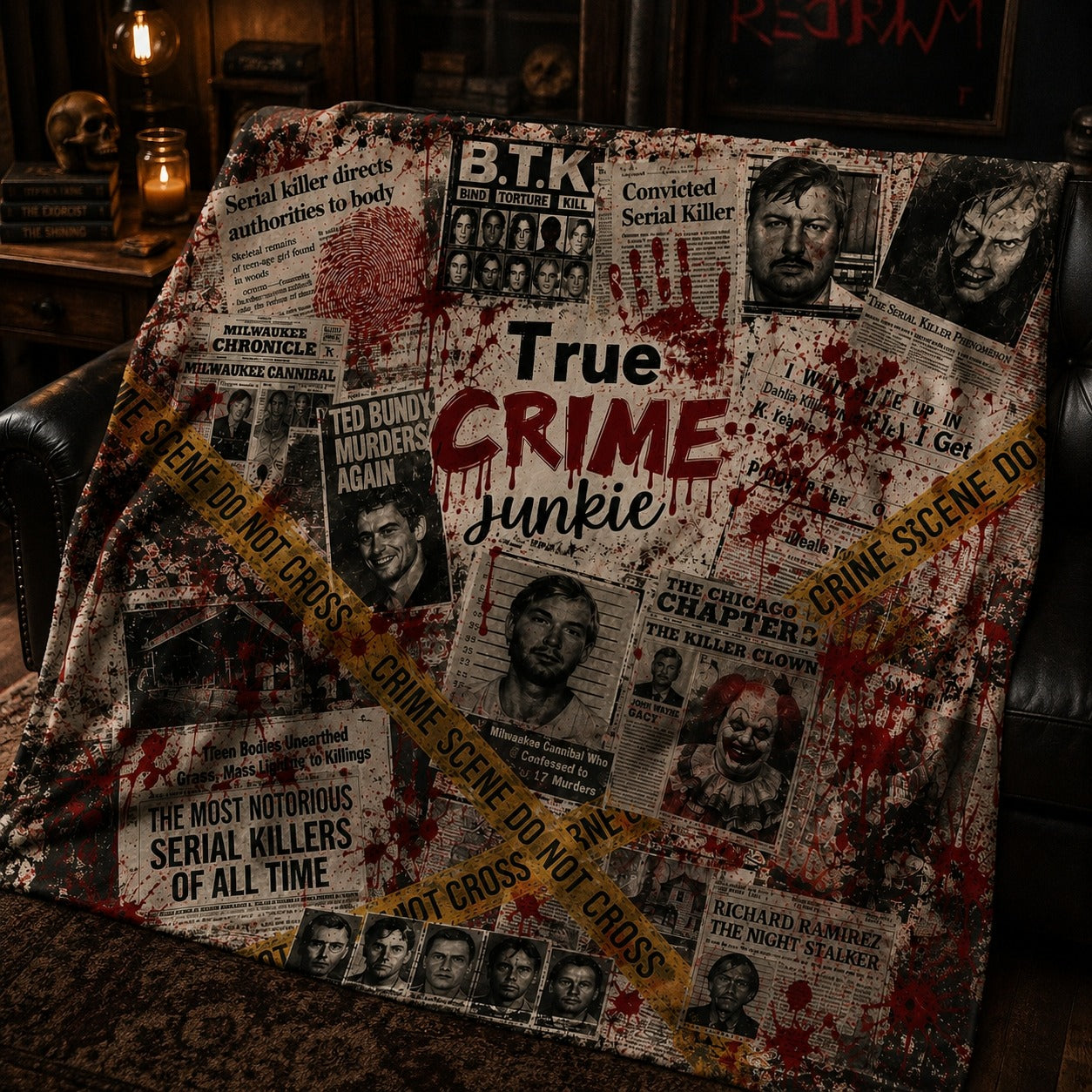 True Crime Junkie Sherpa Blanket – Serial Killer Crime Scene Blanket, True Crime Fan Gift, Murder Mystery Horror Throw