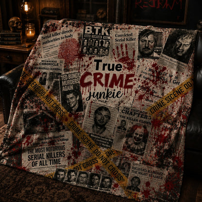True Crime Junkie Sherpa Blanket – Serial Killer Crime Scene Blanket, True Crime Fan Gift, Murder Mystery Horror Throw