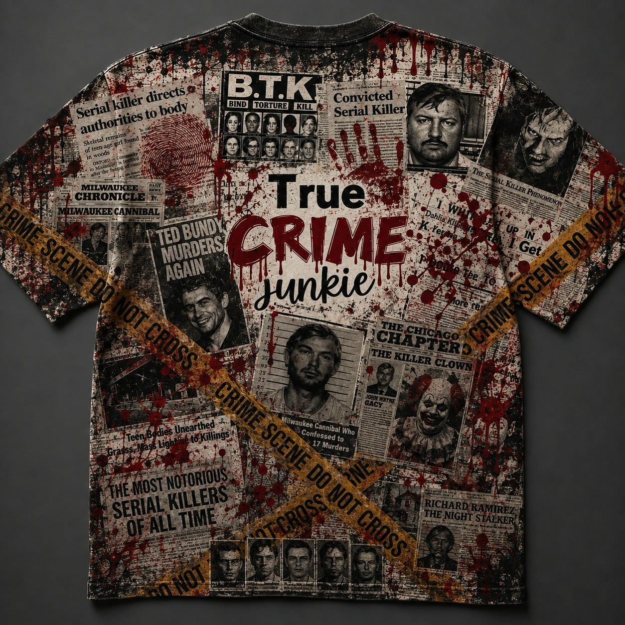 True Crime Junkie All-Over Print T-Shirt – Serial Killer Crime Scene Shirt, True Crime Fan Tee, Murder Mystery Gift