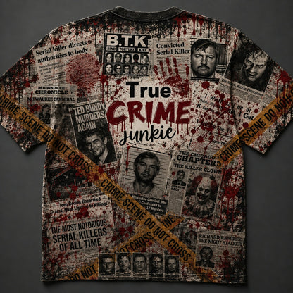 True Crime Junkie All-Over Print T-Shirt – Serial Killer Crime Scene Shirt, True Crime Fan Tee, Murder Mystery Gift