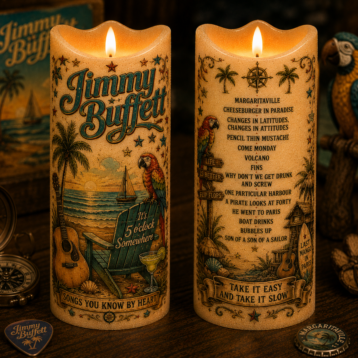 Jimmy Buffett Flameless LED Candle, Margaritaville Fan Gift, Tropical Music LED Candle, Beach House Decor, Battery Operated Candle