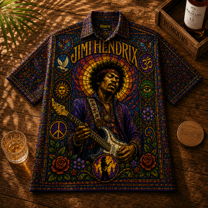 Jimi Hendrix Hawaiian Shirt - Unisex Rock Left-Handed Fender Guitar Button Up