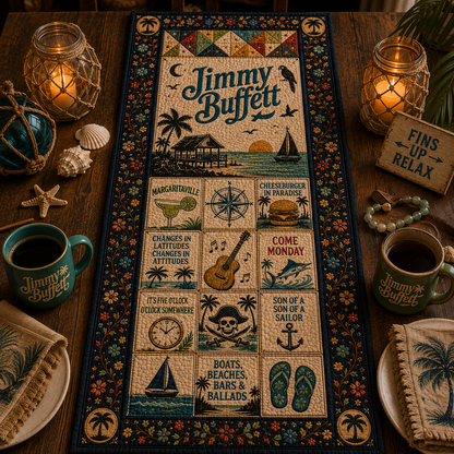 Jimmy Buffett Table Runner – Margaritaville Coastal Patchwork Table Runner, Tropical Beach Dining Table Decor, Parrothead Gift, Island Music Table Runner