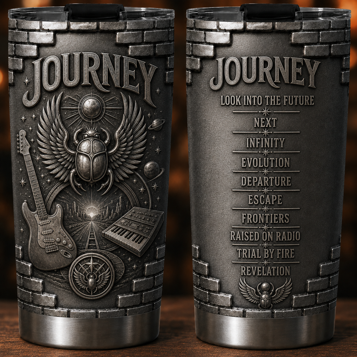 Journey Don't Stop Believin' Insulated Tumbler - 3D Embossed Scarab Beetle Travel Cup