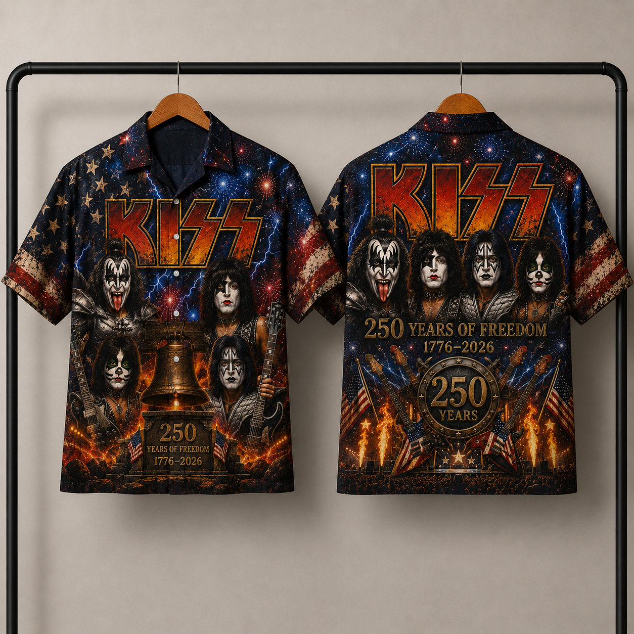 KISS Hawaiian Shirt - 250 Years of Freedom 1776-2026 Patriotic Rock Band Aloha Shirt