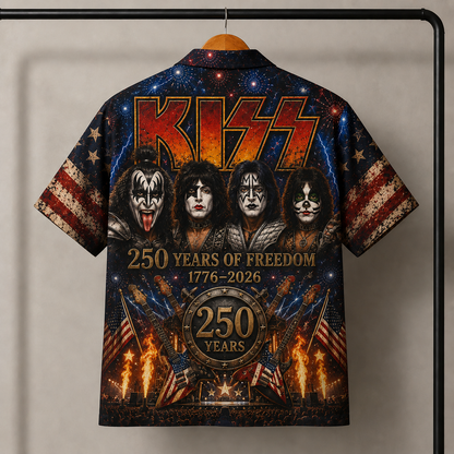 KISS Hawaiian Shirt - 250 Years of Freedom 1776-2026 Patriotic Rock Band Aloha Shirt