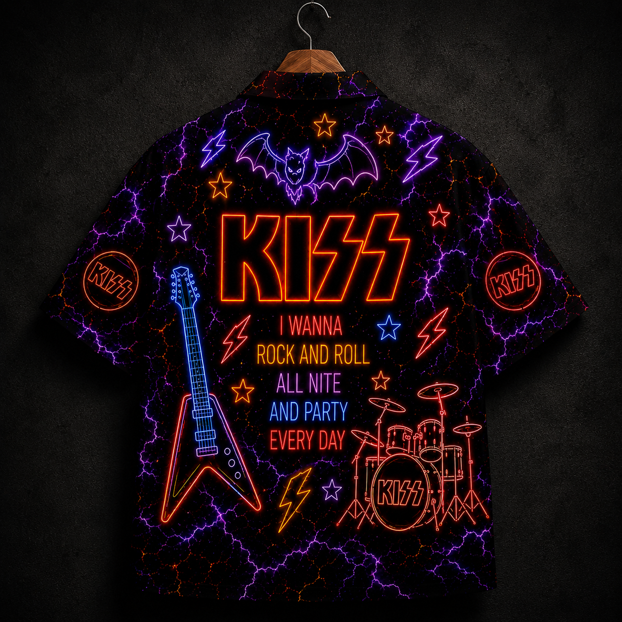 KISS Neon Hawaiian Shirt - Legendary Glam Rock Band All Over Print Hawaiian Shirt - Retro 80s Rock Music Summer Shirt