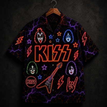 KISS Neon Hawaiian Shirt - Legendary Glam Rock Band All Over Print Hawaiian Shirt - Retro 80s Rock Music Summer Shirt