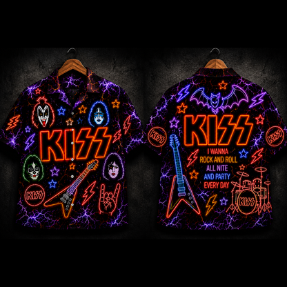 KISS Neon Hawaiian Shirt - Legendary Glam Rock Band All Over Print Hawaiian Shirt - Retro 80s Rock Music Summer Shirt