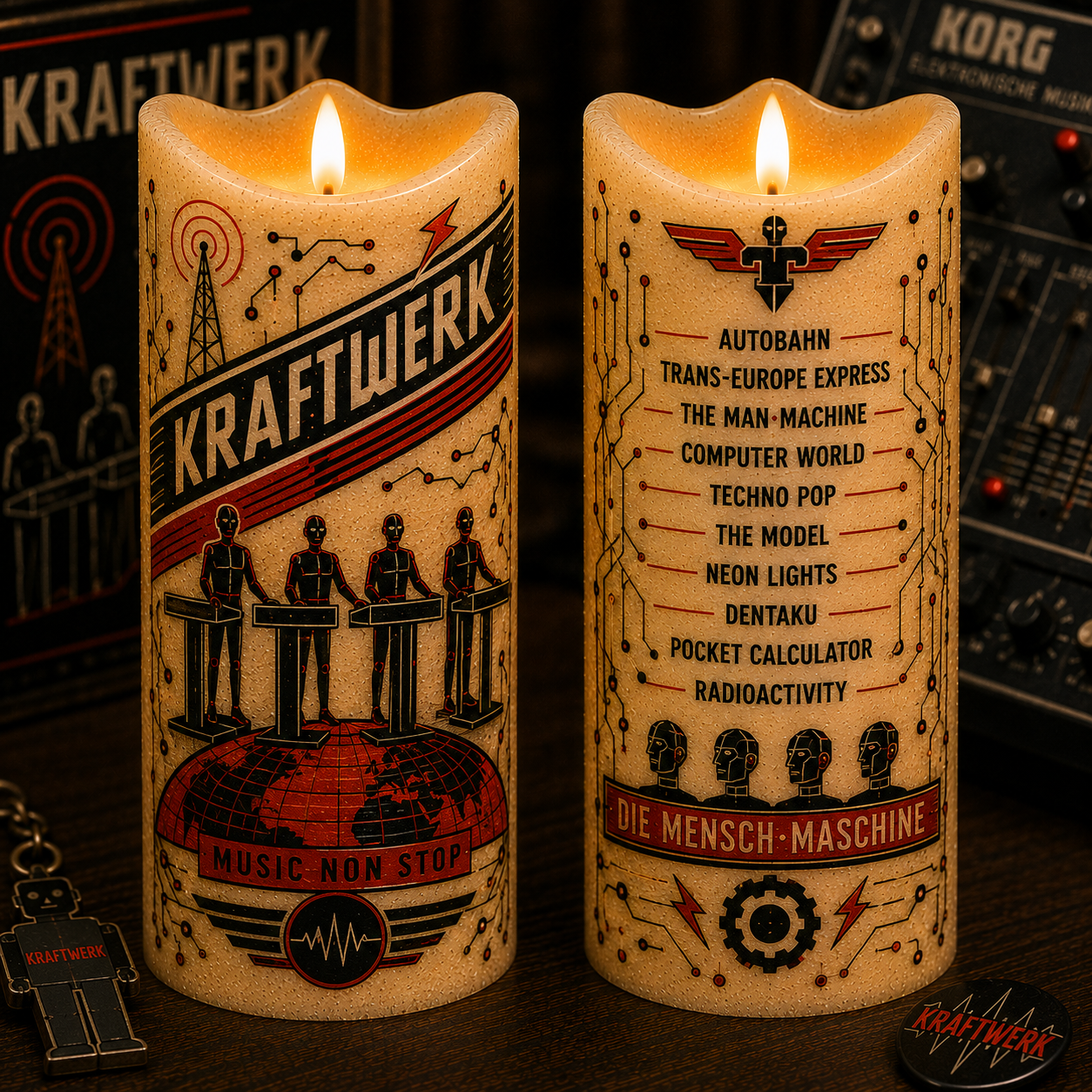 Kraftwerk Flameless LED Candle, Electronic Music LED Candle, Synth Pop Fan Gift, Retro Futuristic Decor, Battery Operated Candle