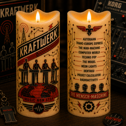 Kraftwerk Flameless LED Candle, Electronic Music LED Candle, Synth Pop Fan Gift, Retro Futuristic Decor, Battery Operated Candle