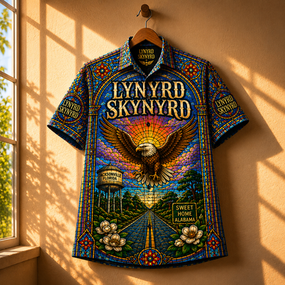 Lynyrd Skynyrd Stained Glass Hawaiian Shirt - Unisex Eagle Mascot Button Up