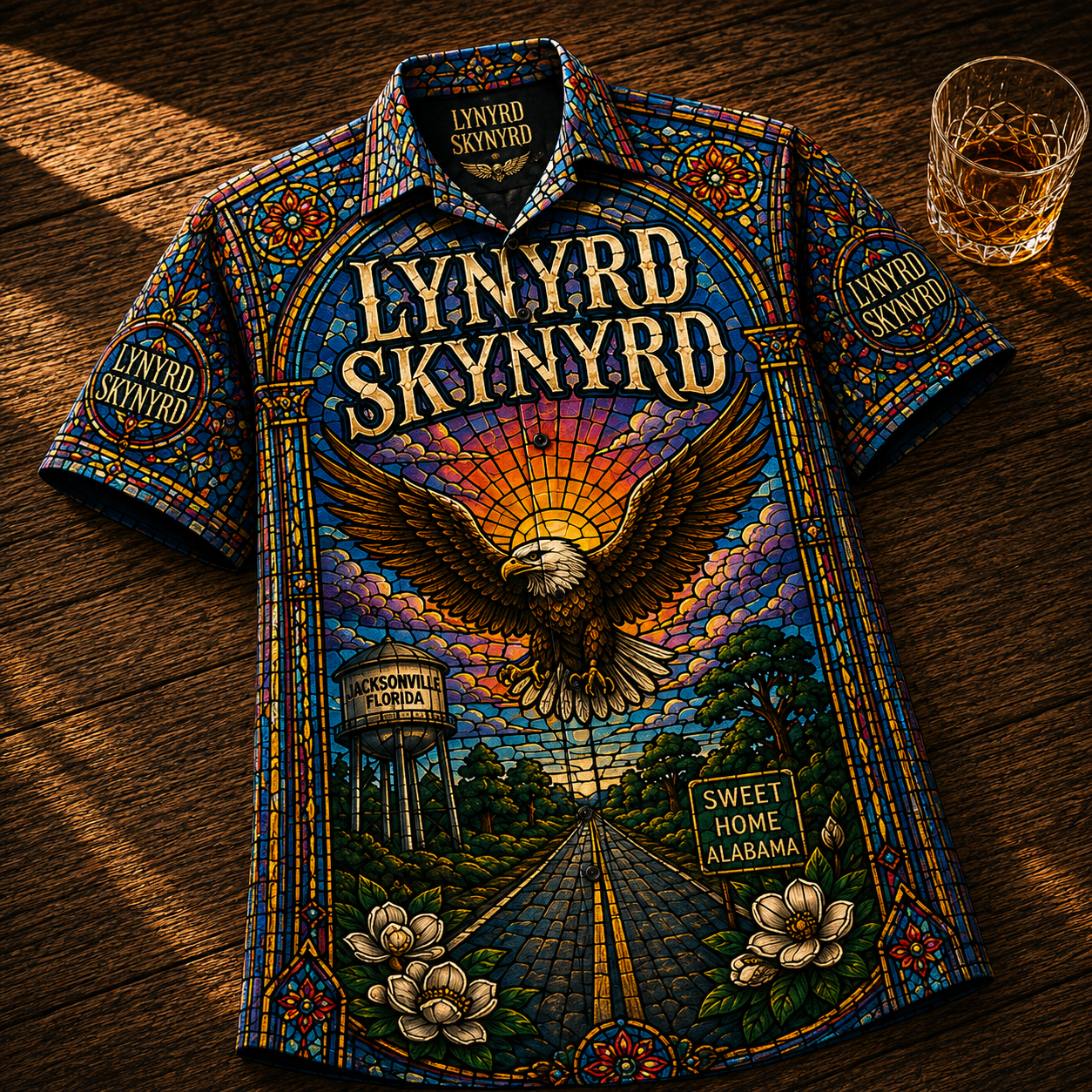 Lynyrd Skynyrd Stained Glass Hawaiian Shirt - Unisex Eagle Mascot Button Up