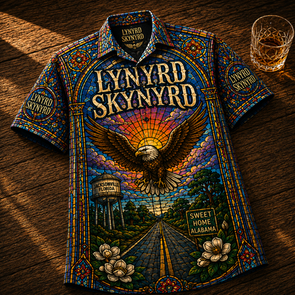 Lynyrd Skynyrd Stained Glass Hawaiian Shirt - Unisex Eagle Mascot Button Up