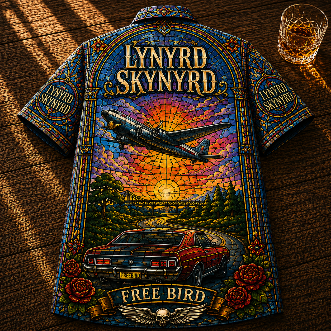 Lynyrd Skynyrd Stained Glass Hawaiian Shirt - Unisex Eagle Mascot Button Up