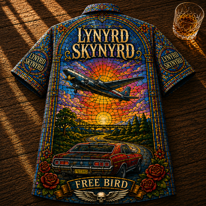 Lynyrd Skynyrd Stained Glass Hawaiian Shirt - Unisex Eagle Mascot Button Up