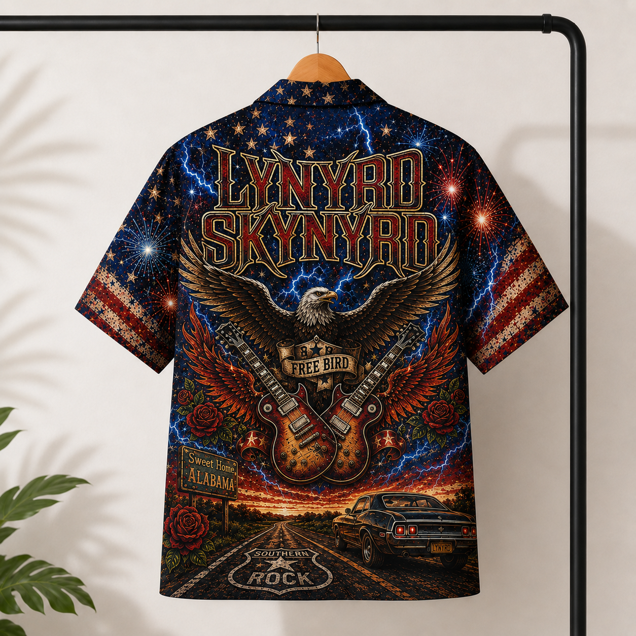 Lynyrd Skynyrd Hawaiian Shirt - Free Bird Southern Rock Guitar Artwork - Sweet Home Alabama Patriotic Aloha Shirt