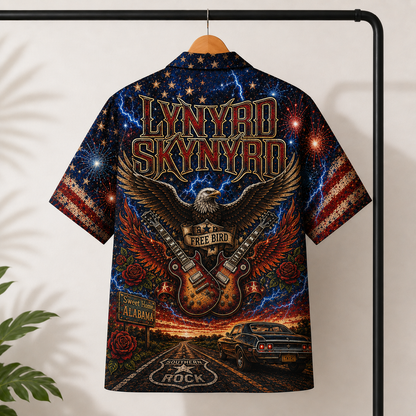 Lynyrd Skynyrd Hawaiian Shirt - Free Bird Southern Rock Guitar Artwork - Sweet Home Alabama Patriotic Aloha Shirt