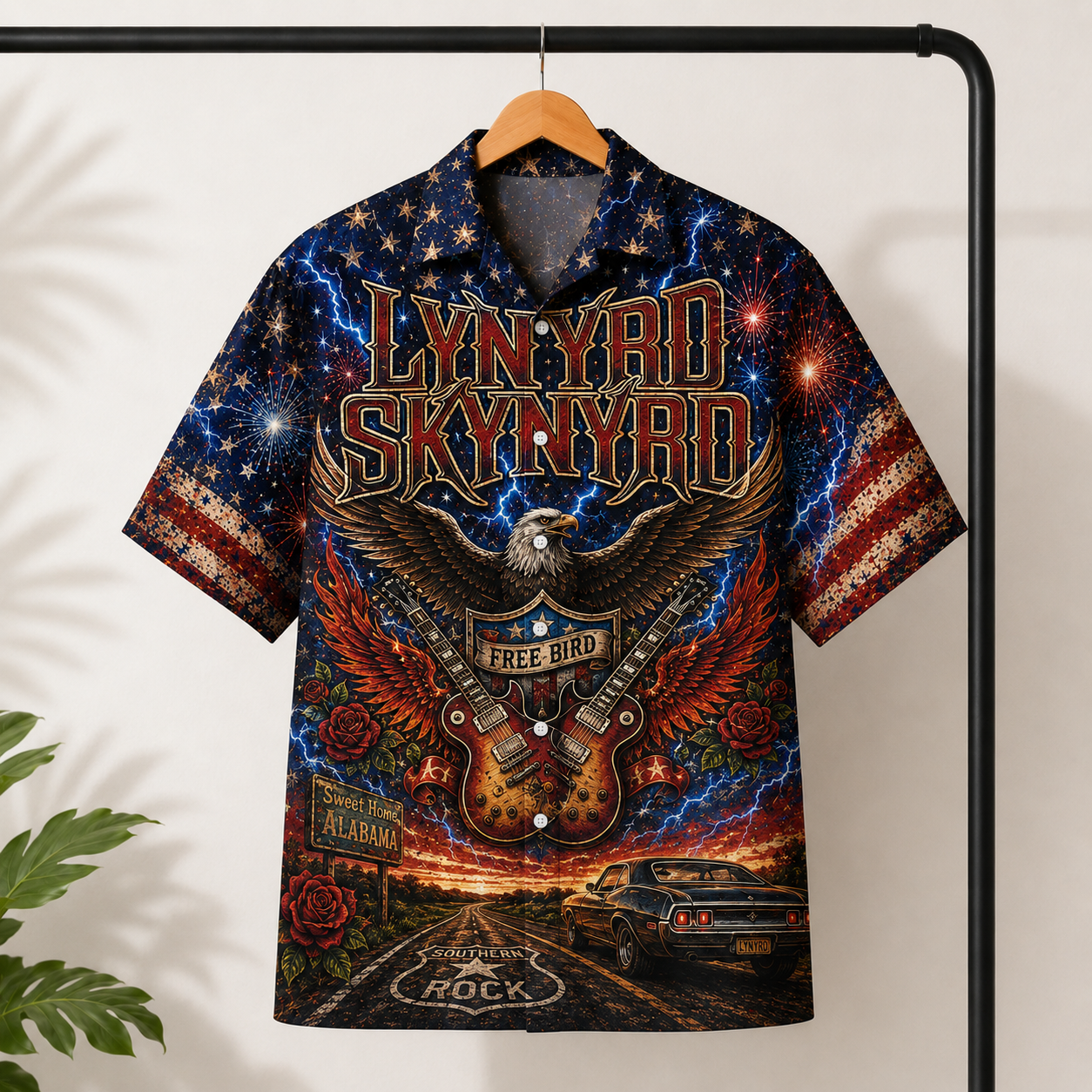 Lynyrd Skynyrd Hawaiian Shirt - Free Bird Southern Rock Guitar Artwork - Sweet Home Alabama Patriotic Aloha Shirt