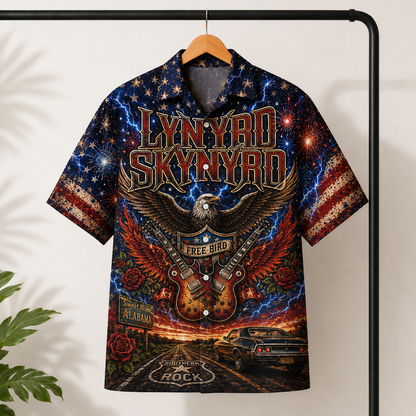 Lynyrd Skynyrd Hawaiian Shirt - Free Bird Southern Rock Guitar Artwork - Sweet Home Alabama Patriotic Aloha Shirt