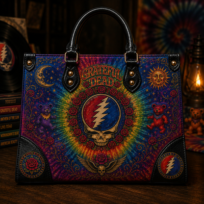Grateful Dead Leather Handbag Tote Bag & Wallet Set, Psychedelic Hippie Tote Purse, Jam Band Floral Handbag, Gift for Deadheads