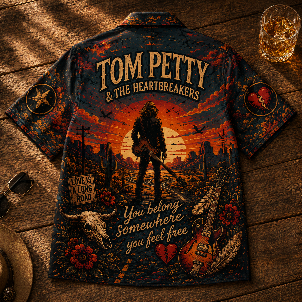 Tom Petty Hawaiian Shirt - Unisex The Heartbreakers Winged Heart Black Button Up