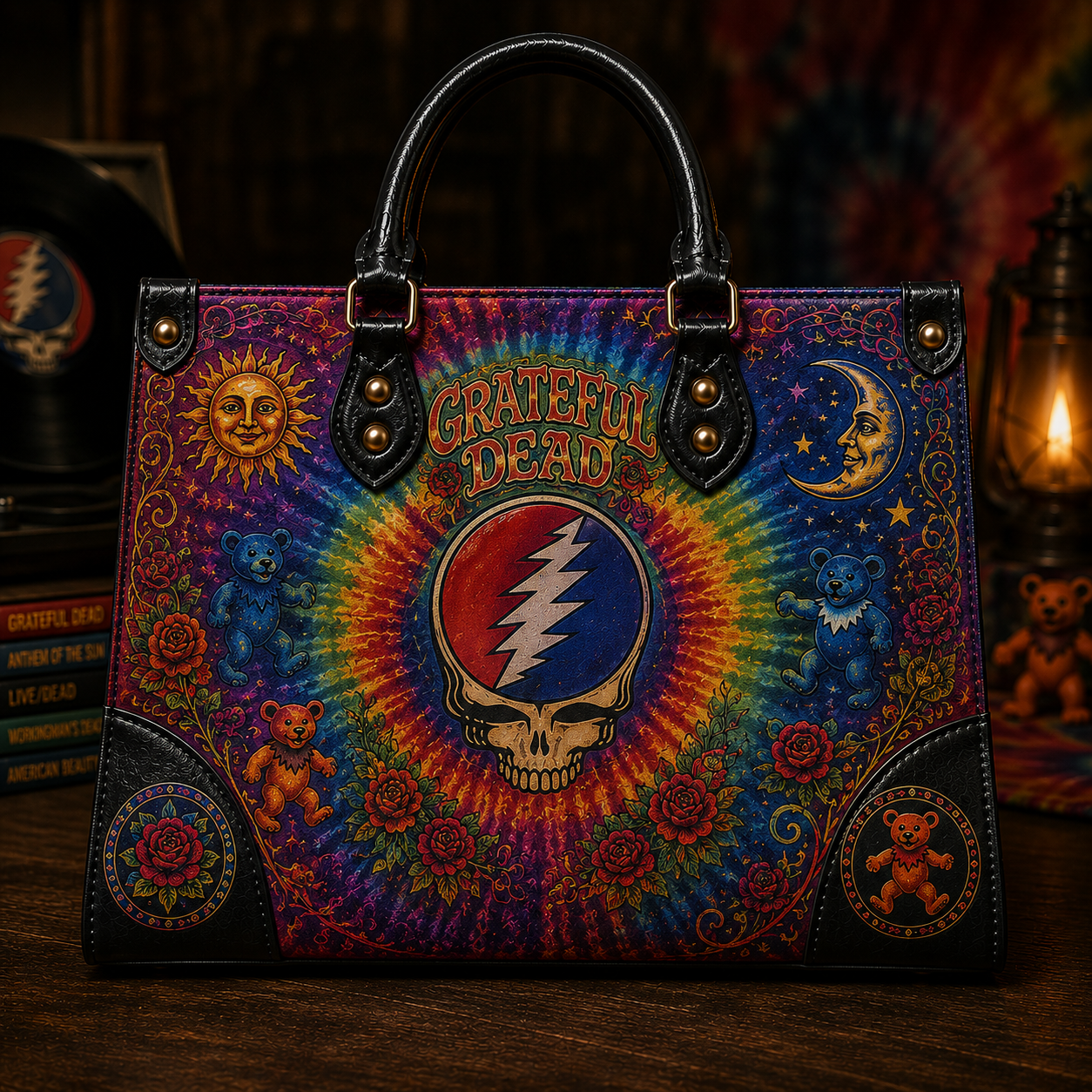 Grateful Dead Leather Handbag Tote Bag & Wallet Set, Psychedelic Hippie Tote Purse, Jam Band Floral Handbag, Gift for Deadheads