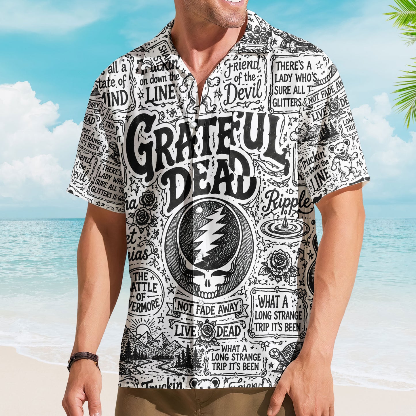 Grateful Dead Hawaiian Shirt - Unisex Steal Your Face Black White Sketch Button Up