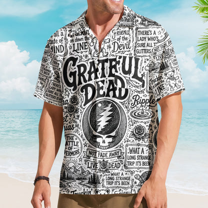 Grateful Dead Hawaiian Shirt - Unisex Steal Your Face Black White Sketch Button Up