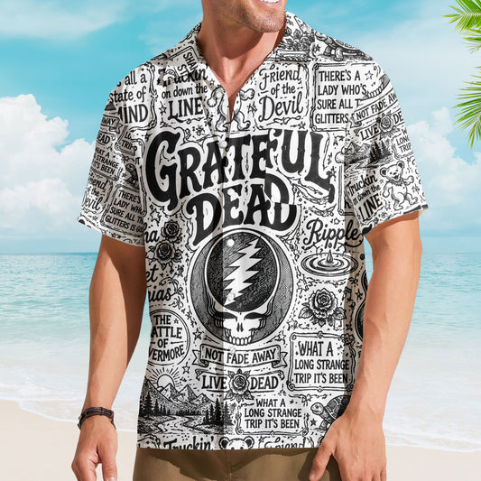 Grateful Dead Hawaiian Shirt - Unisex Steal Your Face Black White Sketch Button Up