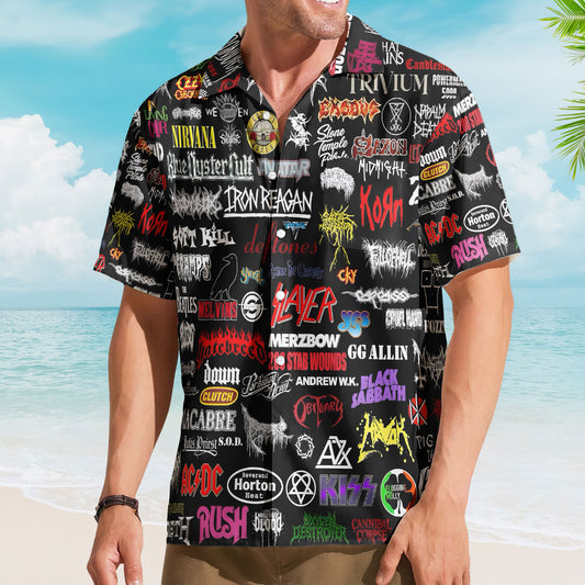 Rock Band Logos Hawaiian Shirt - Unisex 80s Synth Pop Alternative Rock Collage Button Up